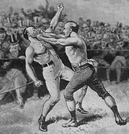 Jem Mace punches Joe Goss in the eye during their 1866 fight.
